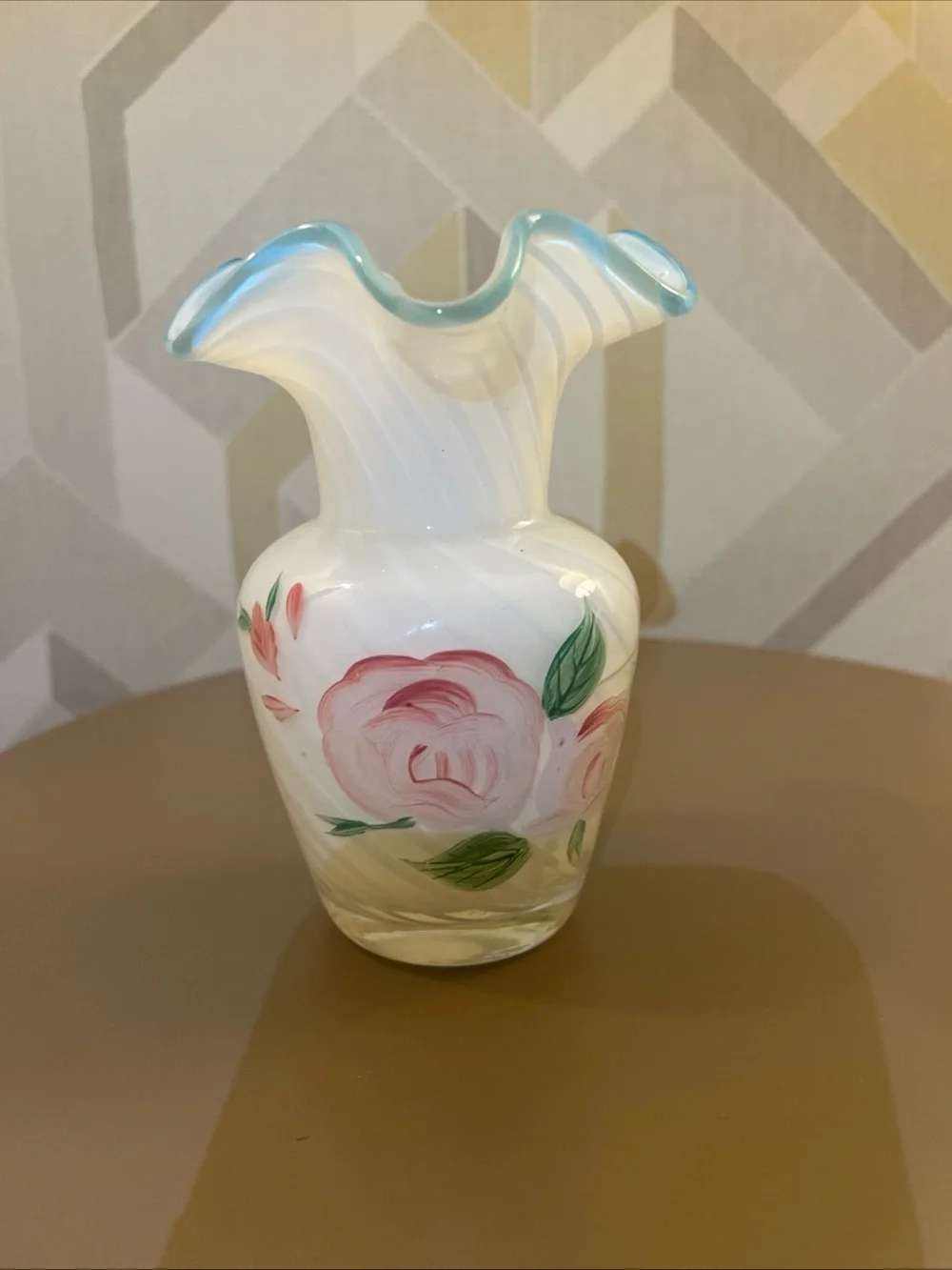 Fenton White Glass Vase with Pink Roses and Blue-Rim
